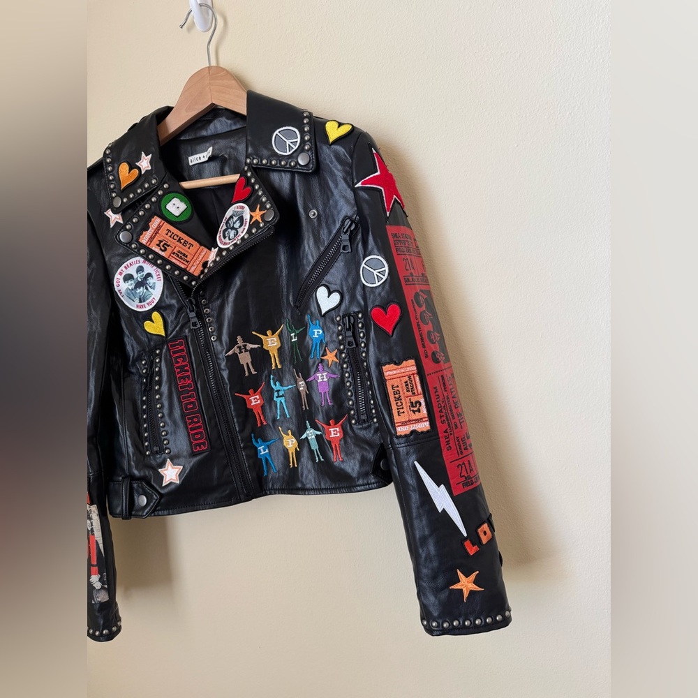 Alice + Olivia x The Beatles Cody Vegan Leather Jacket Black Small - Picture 3 of 9
